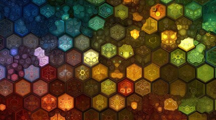 Intricate mosaic of glowing hexagonal cells in a colorful, abstract pattern.