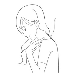 首にお灸をする女性の白黒イラスト