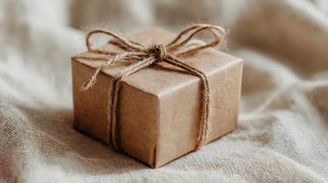 Small brown gift box tied with jute string rests on linen fabric.