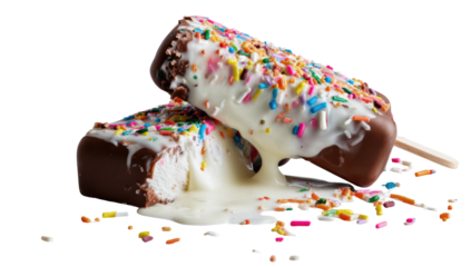 Two chocolate-covered ice cream bars with white drizzle and colorful sprinkles, dark background