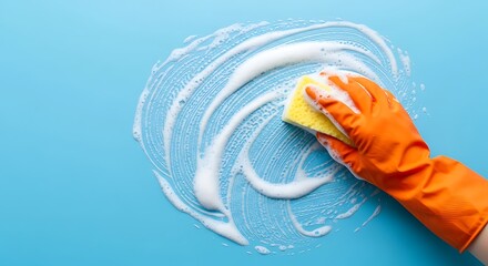 Cleaning surface with sponge and soap, a demonstration of hygiene and cleanliness