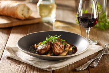 Elegant seared duck breast with garlic confit and rich sauce served with red wine and crusty bread for a restaurant dining experience on wood table