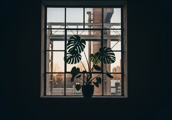 Silhouette of a Monstera plant in a window with metal grilles and a soft outdoor light © ToriNim