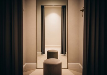Symmetrical view inside a luxurious clothing store fitting room with a mirror and ottoman