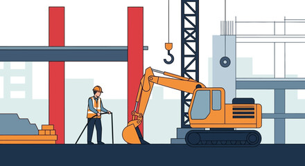 Construction worker with excavator at an active building site Industry development real estate