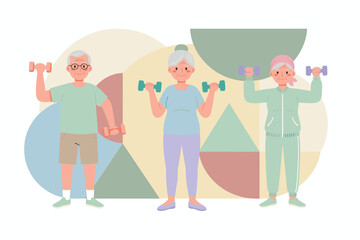 Happy seniors exercising with dumbbells promoting health fitness and an active lifestyle
