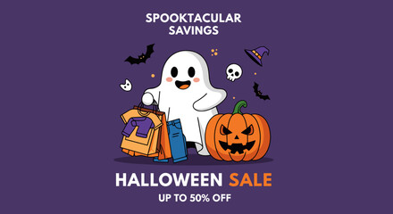 Friendly ghost with shopping bags and a jackolantern for a Halloween sale Spooktacular savings and promotions