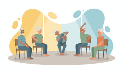 Happy diverse senior adults doing chair exercises in a group promoting healthy aging and wellness
