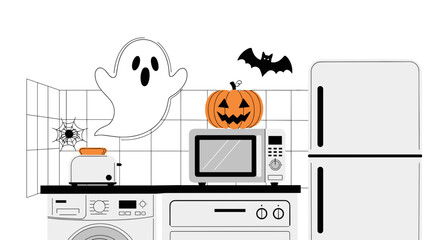 Minimalist kitchen with spooky Halloween decorations a ghost pumpkin bat and spiderweb perfect for holiday concepts