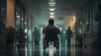 Patient in Wheelchair in Hospital Hallway Surrounded by Caregivers