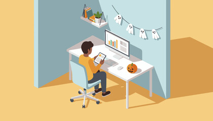 Working from home in a Halloweendecorated office with computer and tablet Seasonal productivity