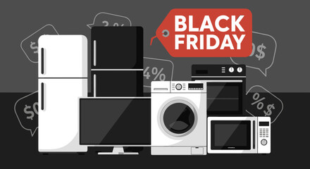 Black Friday sale on home appliances and electronics vector illustration