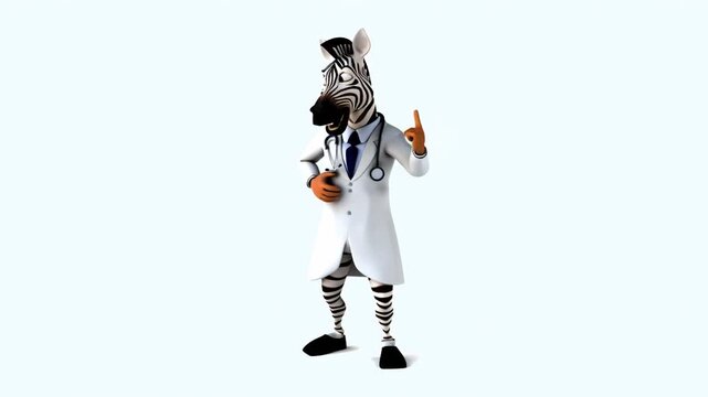 A funny cartoon zebra doctor in clothes talks light background