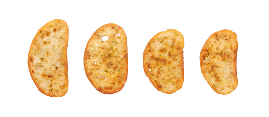Wheat baguette croutons or bruschetta isolated on white background top view, herb spiced crunchy bun rusk, salted baked snack	