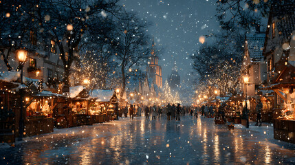 Festive Christmas Market Scene with Illuminated Lanterns and Snowfall in a European Town