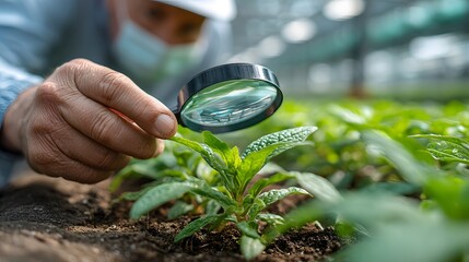Close-Up Inspection of Green Plant with Magnifying Glass in Greenhouse