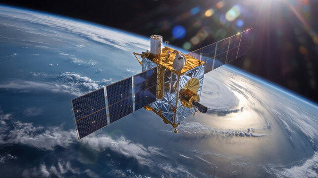 Satellite orbiting earth, solar panels reflecting sunlight in space satellite