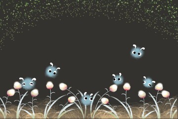 Naklejka premium Whispering Blooms – Starlit Garden（星降る花の庭）Under a sky filled with tiny stars, fairies glow softly among night flowers. A calm and dreamy fantasy scene. （星降る夜、光る妖精たちが静かな花の庭を包む幻想の世界。）