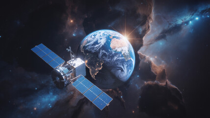 Fototapeta premium Satellite orbiting earth with nebula in the background satellite