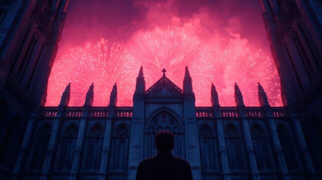 A silhouetted figure gazes at vibrant fireworks exploding behind a gothic cathedral, creating a dramatic and colorful nighttime scene.