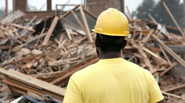 Construction worker inspects building demolition site