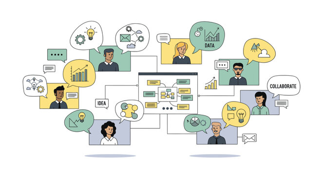 Diverse team brainstorming ideas, collaborating on strategy, and analyzing data for business growth, showcasing modern teamwork and innovative thinking for success