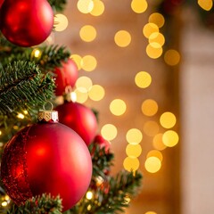 Obraz premium Christmas tree decorated with red baubles and golden lights