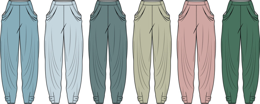 Set of colorful jogger pants fashion flat sketches. Vector technical drawing template for apparel design, clothing collection, and fashion illustration