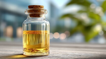 Glass Bottle with Cork Lid Containing Golden Oil in Bright Atmosphere