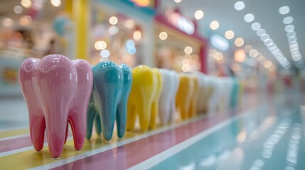 Colorful Tooth Models Arranged in a Line for Dental Education Display
