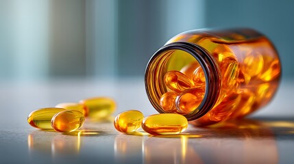 Clear Glass Bottle with Yellow Capsules on Wooden Surface