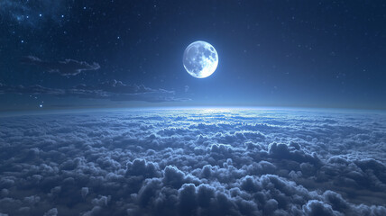 Full blue moon planet above the surface of blue clouds - concept poster background. AI artwork digital illustration.	