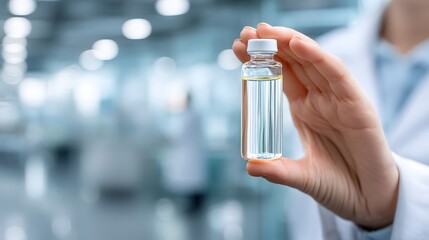 Clear Glass Vial Held by Researcher in Modern Laboratory Setting