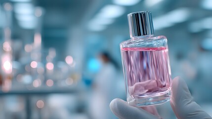 Close-Up View of Fragrance Bottle Held in Laboratory with Soft Focus