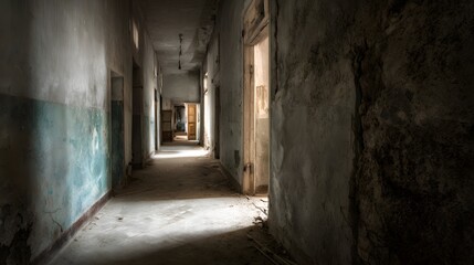Obraz premium Derelict corridor with peeling paint and dim lighting, showing decay.