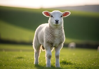 Fototapeta premium A cute young lamb stands in a vibrant green pasture under soft natural light, looking directly at the viewer.
