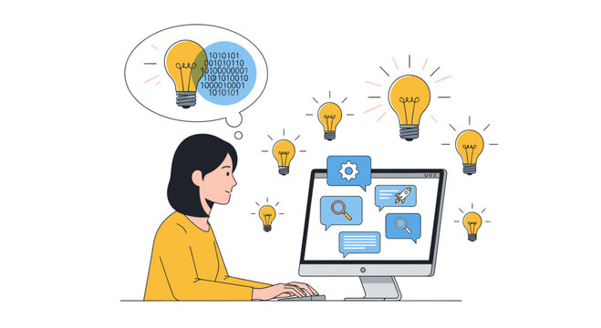 Creative woman brainstorming ideas with computer, generating innovative digital solutions with lightbulbs and binary code, modern tech startup concept