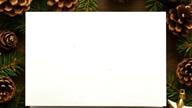 Festive Christmas fir branches and pinecones frame a blank white card, perfect for holiday messages and seasonal invitations, evoking winter warmth and celebration.