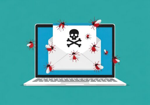 Laptop infected with malware bugs showing dangerous virus warning message - Powered by Adobe