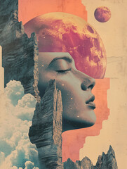 Surreal woman face concept art poster. Surreal nature with girl face. Surrealism fantastic dreaming collage art digital illustration. AI artwork.	