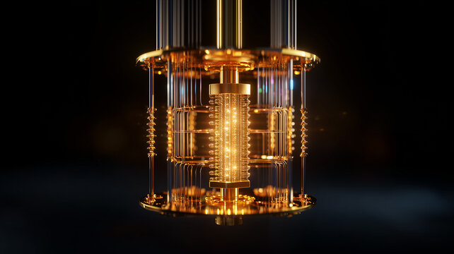 Quantum computer CPU concept poster. Digital electronic technology glowing background. Blockchain technology wallpaper. Computer network poster. AI artwork digital photo illustration.