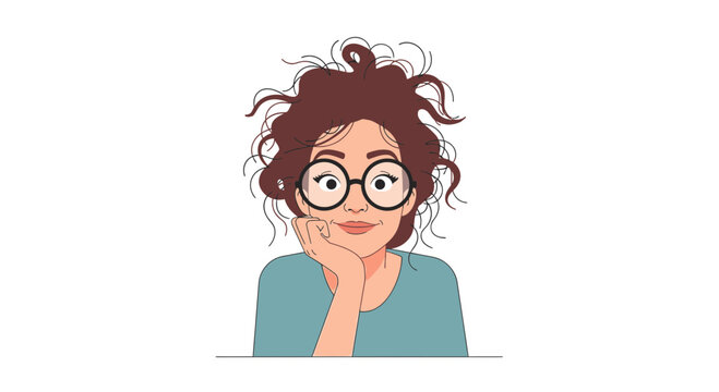 Charming illustration of a woman with messy hair and round glasses, perfect for lifestyle blogs, quirky brands, and relatable content, from scalable vector graphics