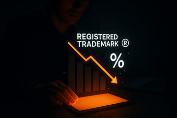 Registered trademark logo and percentage sign with a downward orange arrow pointing towards a tablet over a dark bar graph signifying a decrease or loss in business profit