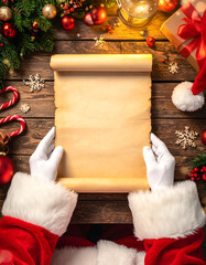 Santa Claus holding blank parchment scroll surrounded by Christmas decorations and gifts on wooden table.