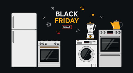 Black Friday sale illustration of major kitchen and laundry appliances shopping event