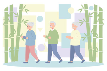 Elderly people exercising outdoors promoting an active healthy senior lifestyle and wellbeing