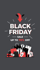 Black Friday Sale banner with discount shopping bags and gift boxes Up to 70 off Retail promotion