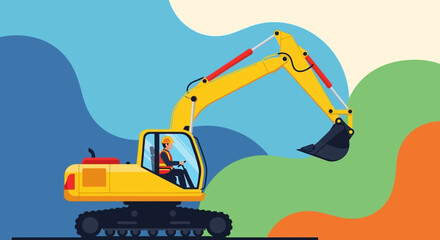 Professional operator in an excavator Construction industry and development Heavy machinery at work