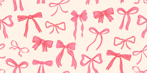 Seamless pattern with hand-drawn pink bows in cute doodle style. Background in flirty style for wrapping paper, textile print or holiday decor, vector illustration.