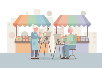 Elderly couple happily painting outdoors at a market enjoying a creative hobby and leisure time